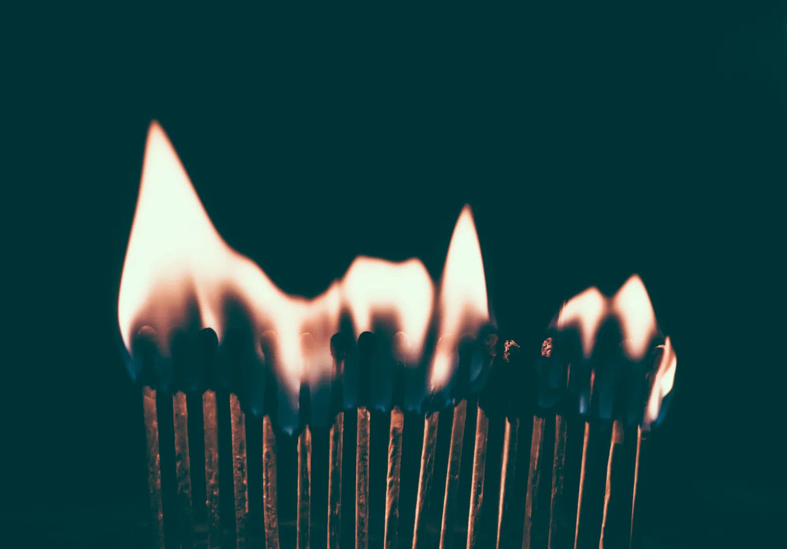A row of matches burning in the dark